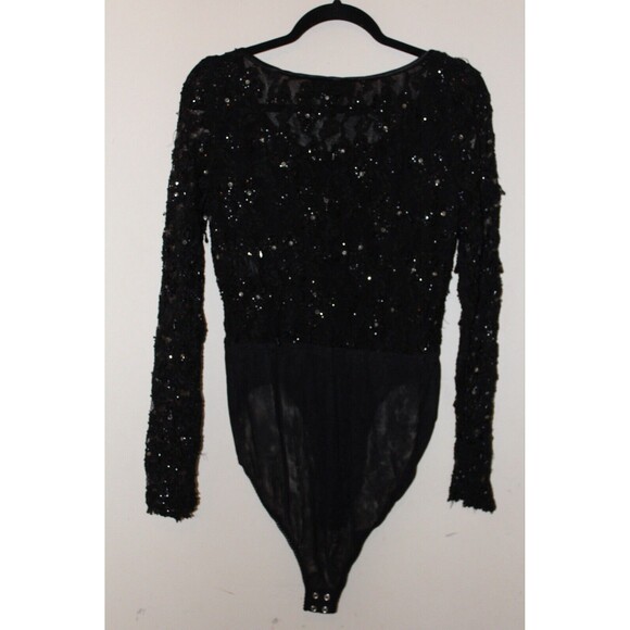 Emanuel Ungaro Black Sequin Longsleeve Bodysuit Vintage Y2K Size 12 - Picture 1 of 4